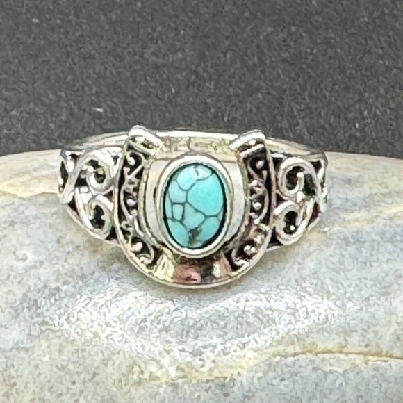 Boho Horseshoe and Faux Turquoise Ring #1370 - Picture 5 of 9